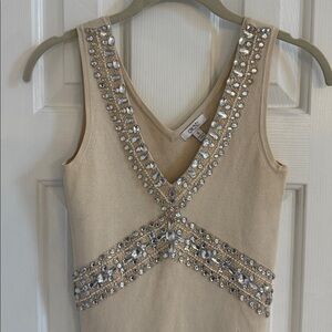 Caché Vintage Cream Silk Blend Very Embellished V-Neck Bodycon Top